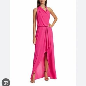 Halston Fuchsia One-Shoulder Asymmetrical Draped Maxi Dress Gown NWT